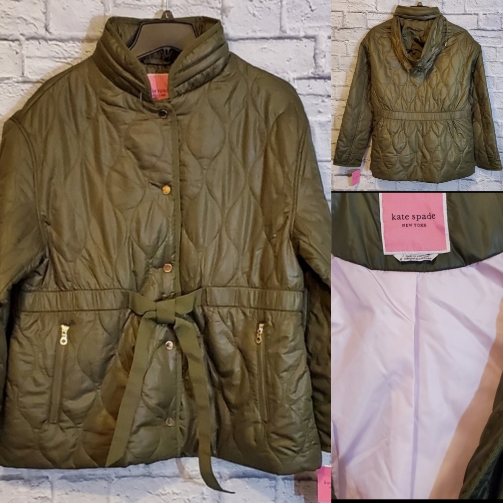 Kate Spade Women's New York Onion Quilted Jacket Hood Large In Olive Green